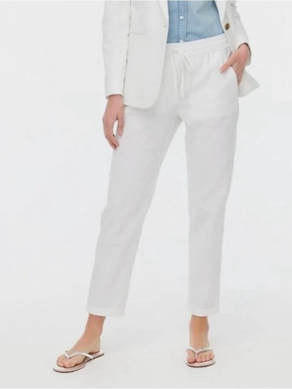 J. Crew White Linen/Cotton Drawstring Cropped Pants. Size 12